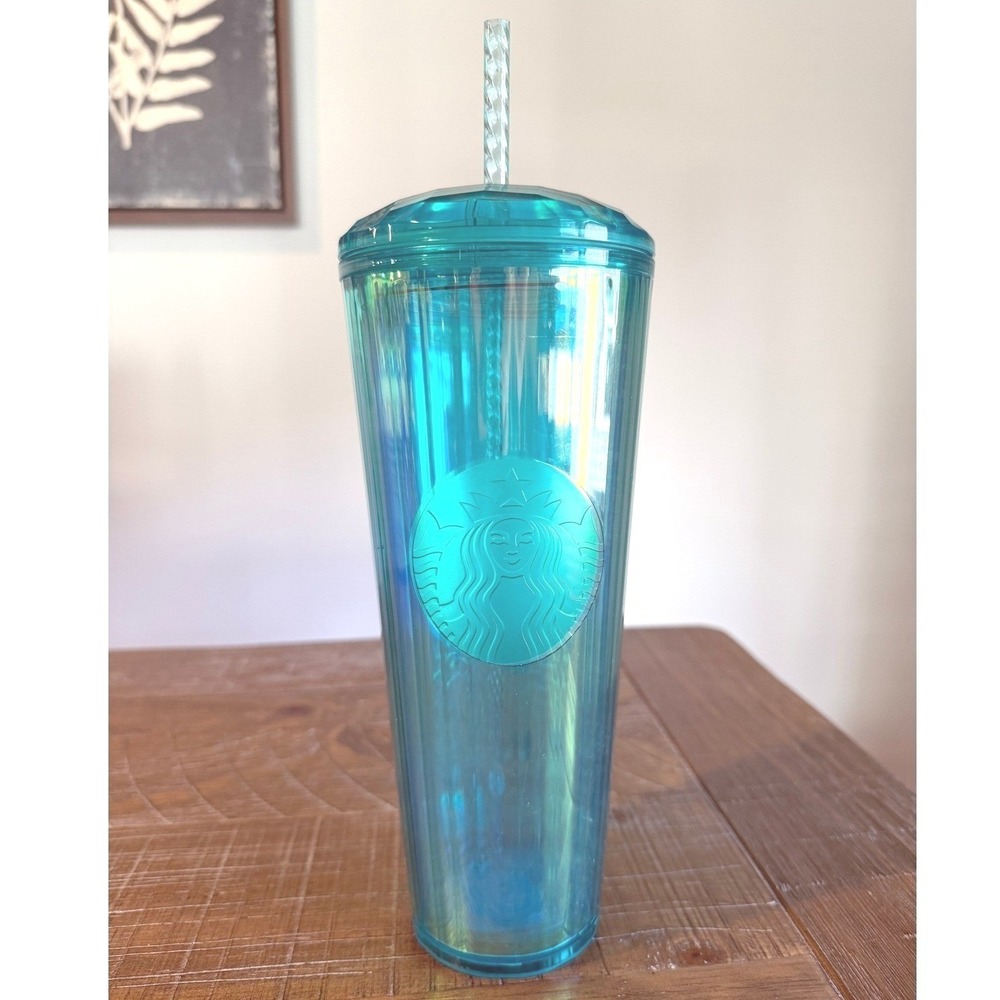 Starbucks Venti 24oz Teal Iridescent‎ Faceted Tumbler Mermaid Dome Lid NEW